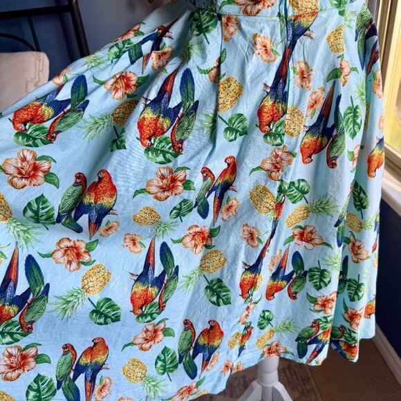 Hell Bunny Vixen Light Blue w Parrots Tropical Pin Up Tiki Halter Dress M - Picture 7 of 12